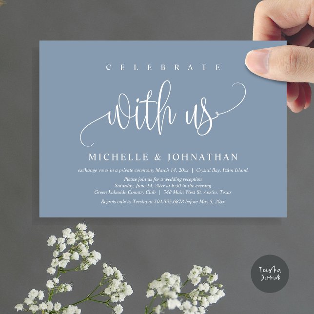 Feiern Sie mit uns, Hochzeitsfeier Einladung (Celebrate with us, Modern Wedding Elopement Dinner Party Invitation Card, PDF, in Dusty Blue)