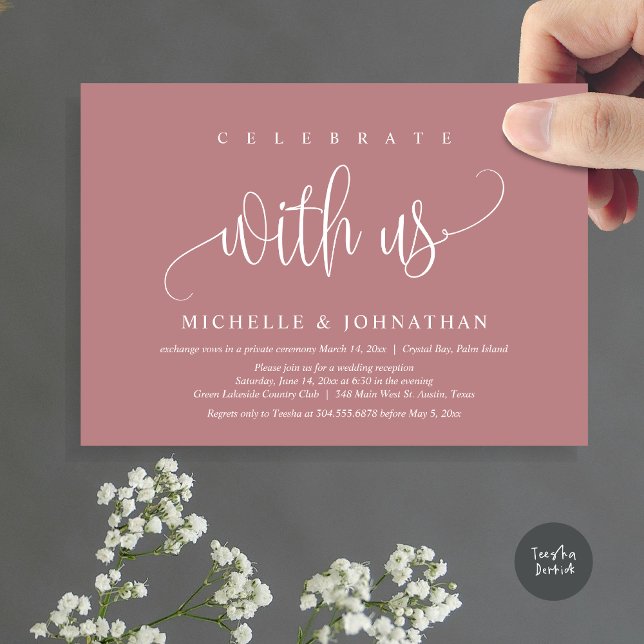 Feiern Sie mit uns, Hochzeitsfeier Einladung (Celebrate with us, Modern Wedding Elopement Dinner Party Invitation Card, PDF, in dusty rose pink)