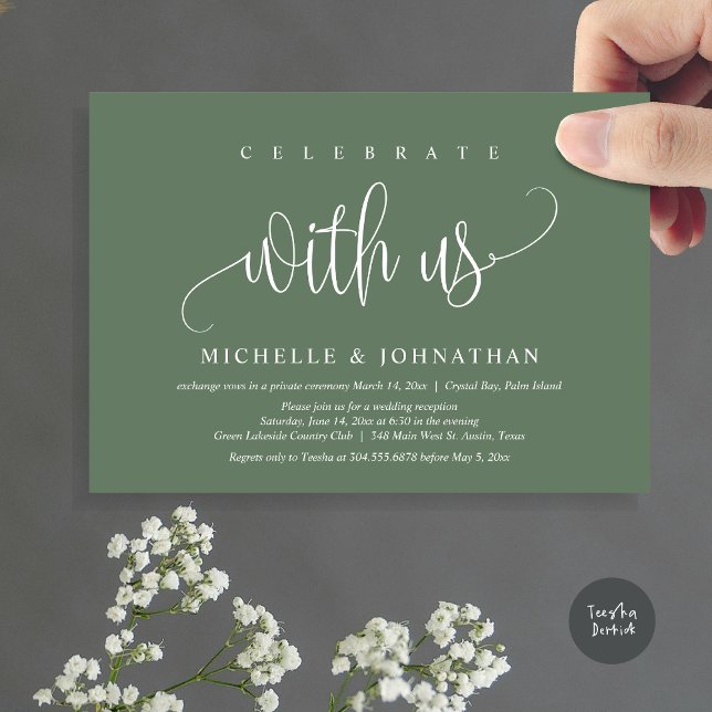 Feiern Sie mit uns, Hochzeitsfeier Einladung (Celebrate with us, Modern Wedding Elopement Dinner Party Invitation Card, PDF, in Forest Sage Green)