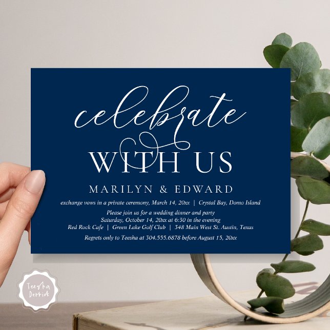 Feiern Sie mit uns, Hochzeitsfeier, Elopement Part Einladung (Celebrate With Us, Modern Wedding Dinner Invitation Card, PDF, in Navy Blue)