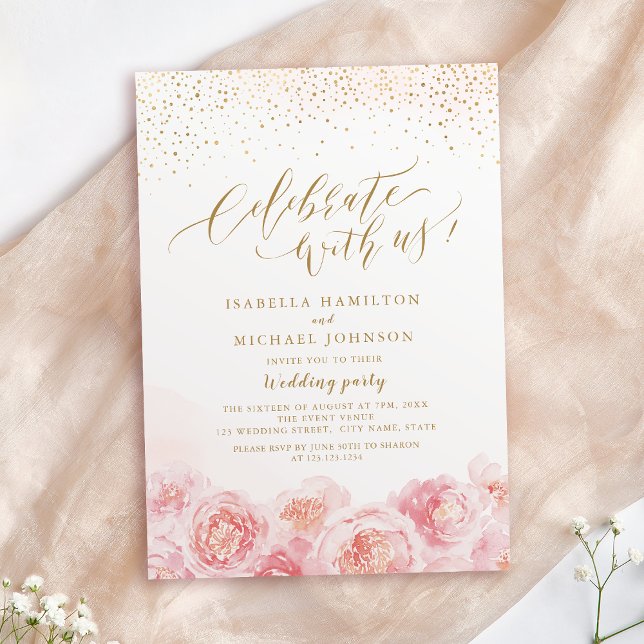 Feiern Sie mit uns! Kalligraphie Gold & Blütenblüt Einladung (Celebrate With Us! calligraphy gold & blush floral Invitation)