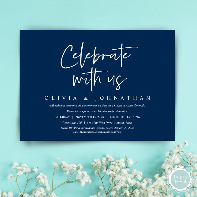 Feiern Sie mit uns, Lässiges Hochzeitsfeier-Party Einladung (Celebrate with us, Wedding Elopement Invitation Dinner, Lunch, Brunch Party, Card, PDF, Navy Blue)