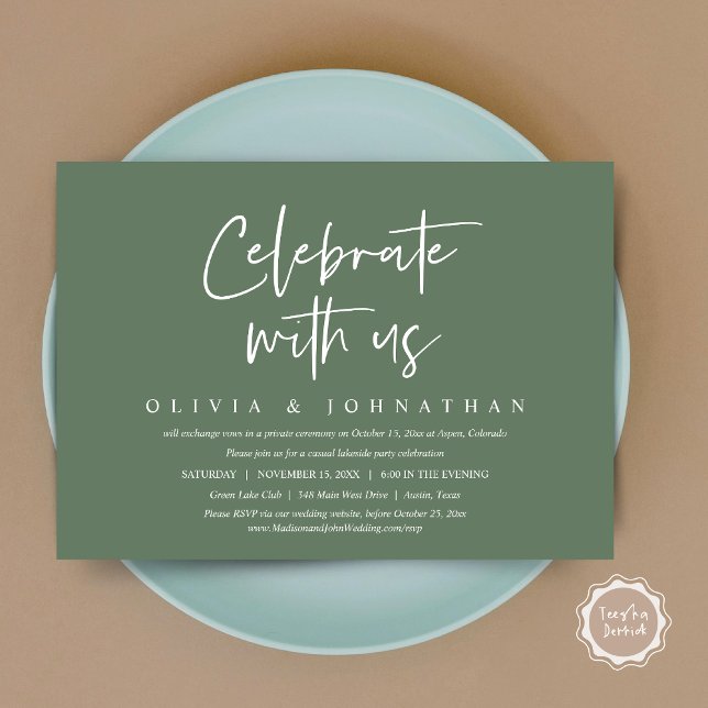 Feiern Sie mit uns, Lässiges Hochzeitsfeier-Party Einladung (Celebrate With Us, Wedding Elopement Brunch, Lunch, Dinner Party Invitation Card, PDF, Sage Green)