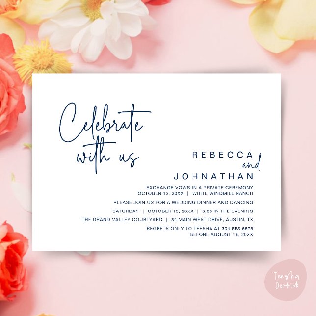 Feiern Sie mit uns, moderne Boho-Hochzeitsfeier Einladung (Celebrate with us, Modern Boho Wedding Reception Invitation Card PDF Navy Blue)