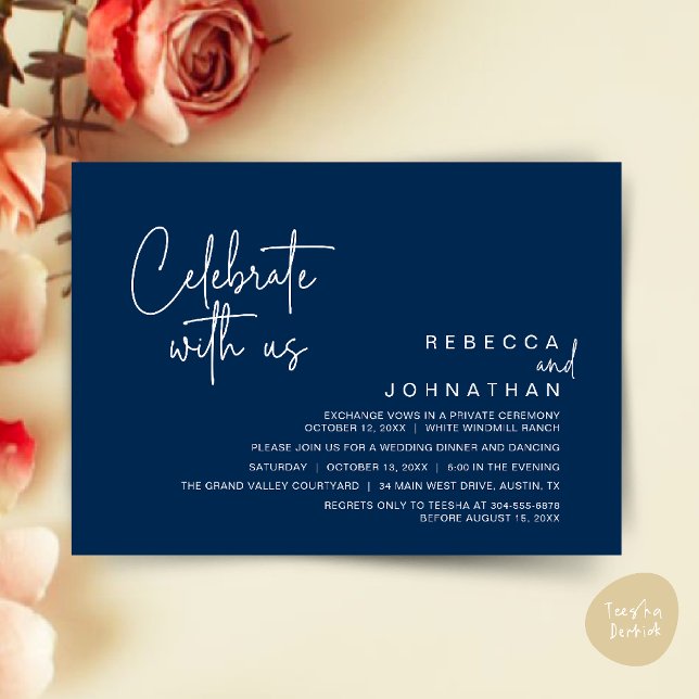 Feiern Sie mit uns, moderne Boho-Hochzeitsfeier Einladung (Celebrate with us, Modern Boho Wedding Reception Invitation Card PDF Navy Blue)