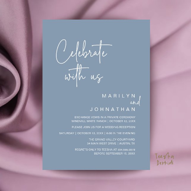 Feiern Sie mit uns, moderne Hochzeitsempfangsfeier Einladung (Celebrate with us, Modern Wedding Reception Dinner Party Invitation Card in Dusty Blue)