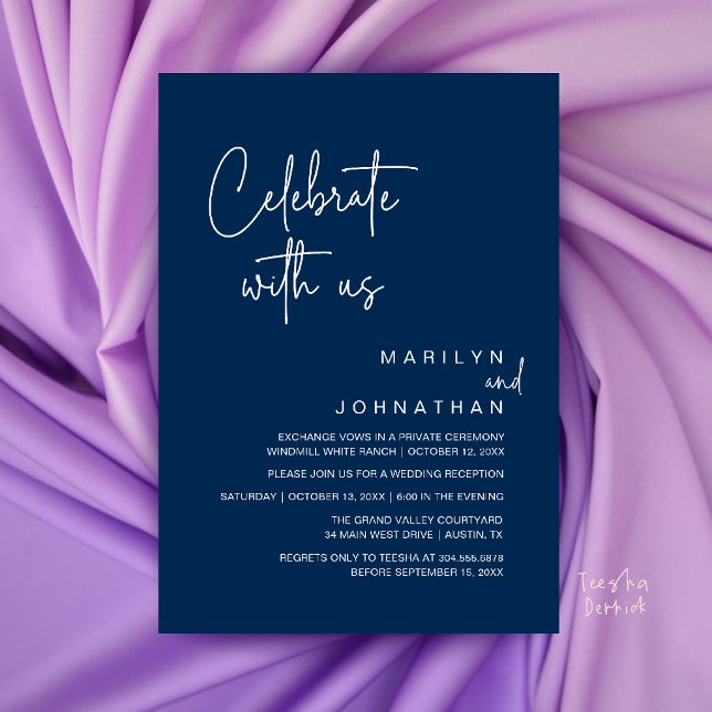 Feiern Sie mit uns, moderne Hochzeitsempfangsfeier Einladung (Celebrate with us, Modern Wedding Reception Dinner Party Invitation Card in Navy Blue)