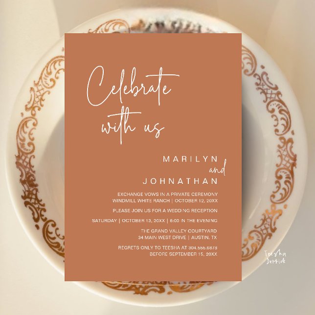 Feiern Sie mit uns, moderne Hochzeitsempfangsfeier Einladung (Celebrate with us, Modern Wedding Reception Dinner Party Invitation Card in Copper Brown Terracotta)
