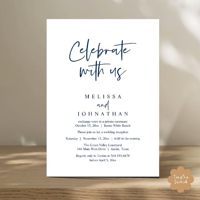 Feiern Sie mit uns, Moderne Hochzeitsempfehlung Einladung (Celebrate with us Modern Casual Wedding Reception Dinner Lunch Brunch Invites Card PDF Navy Blue)