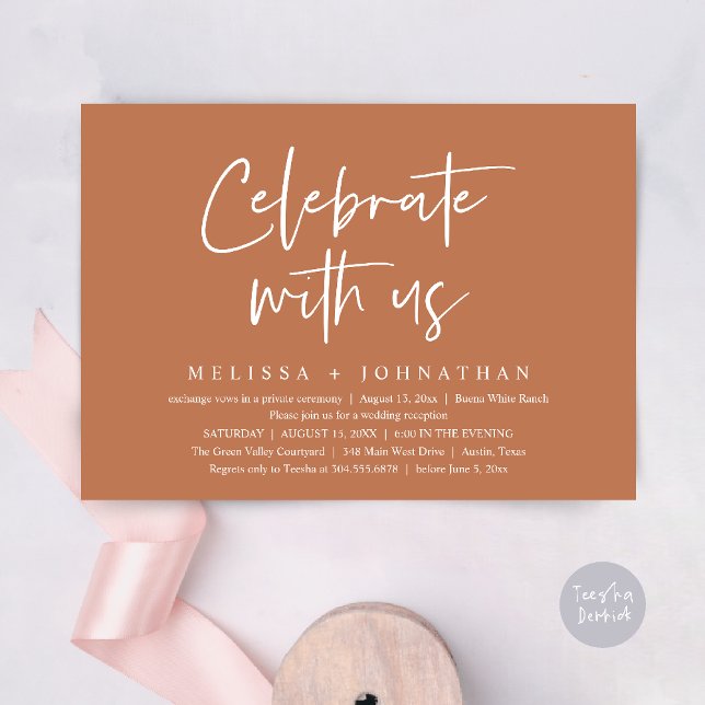 Feiern Sie mit uns Moderne Hochzeitsempfehlung Einladung (Celebrate with us Modern Casual Wedding Reception Dinner Lunch Brunch Invites Card PDF Copper Brown)