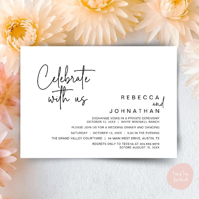 Feiern Sie mit uns, Moderne Hochzeitsempfehlung Einladung (Celebrate with us, Modern Boho Wedding Reception Invitation Card PDF White Black)