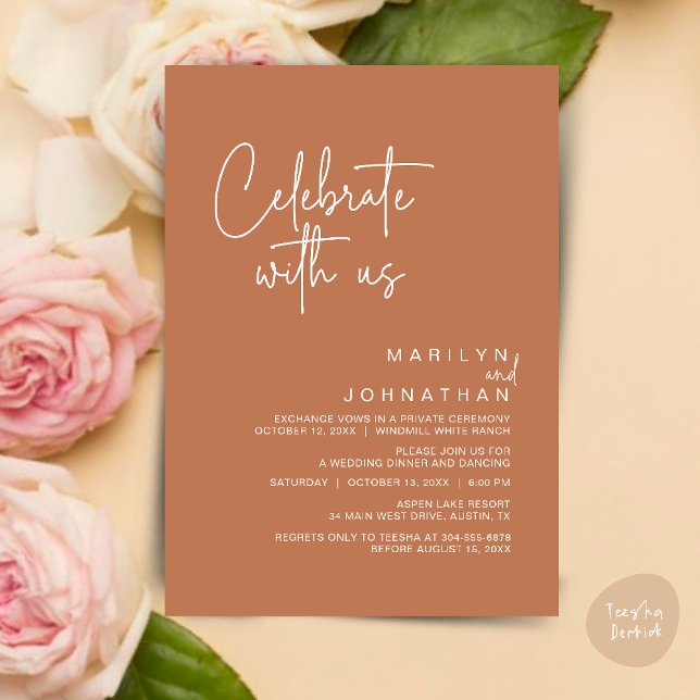 Feiern Sie mit uns, Modernes Hochzeitsempfang-Part Einladung (Celebrate with us, Post Wedding Elopement Party Dinner Brunch Lunch Invitation Card PDF Copper Brown)