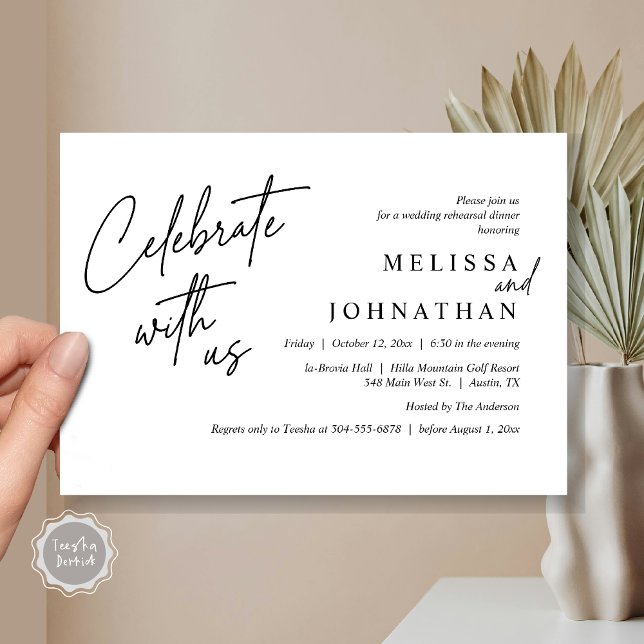 Feiern Sie mit uns, Modernes Hochzeitsessen Probe Einladung (Celebrate with us, Modern Wedding Rehearsal Dinner Invitation Card, PDF, in Black White)