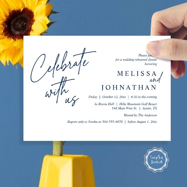 Feiern Sie mit uns, Modernes Hochzeitsessen Probe Einladung (Celebrate with us, Modern Wedding Rehearsal Dinner Invitation Card, PDF, in Navy Blue)
