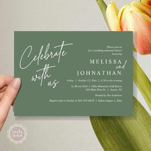 Feiern Sie mit uns, Modernes Hochzeitsessen Probe Einladung (Celebrate with us, Modern Wedding Rehearsal Dinner Invitation Card, PDF, in Forest Sage Green)
