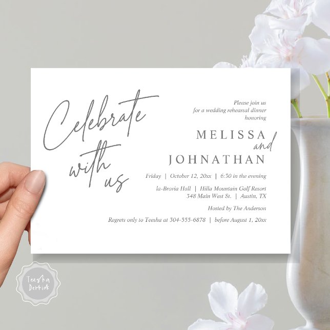 Feiern Sie mit uns, Modernes Hochzeitsessen Probe Einladung (Celebrate with us, Modern Wedding Rehearsal Dinner Invitation Card, PDF, in Dark Grey)