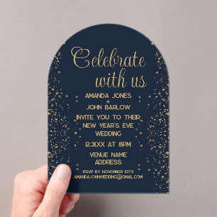 Feiern Sie mit uns Navy Gold Neujahrs Hochzeit Acryleinladungen