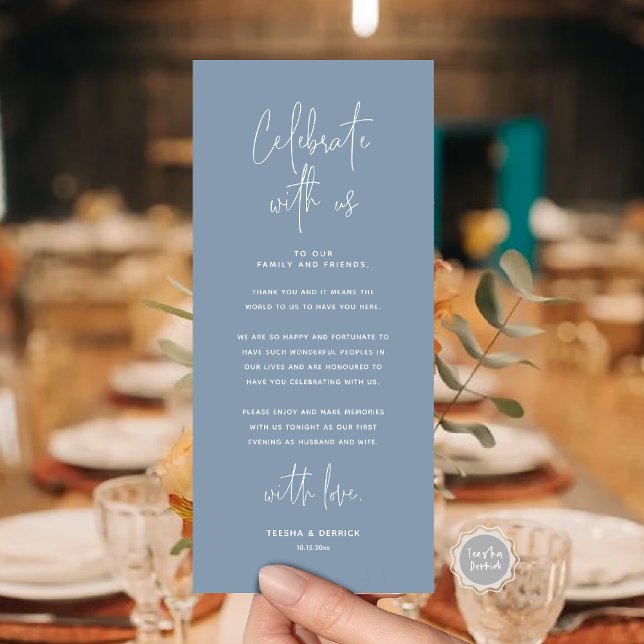 Feiern Sie mit uns, Platz Einstellung Danke Karte (Celebrate With Us, Place Setting Thank you Card, in  Modern Handwriting Script Dusty Blue Themed)