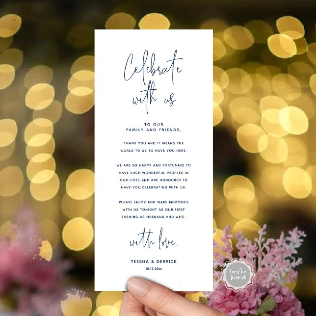 Feiern Sie mit uns, Platz Einstellung Danke Karte (Celebrate With Us, Place Setting Thank you Card, in  Modern Handwriting Script Navy Blue Themed)