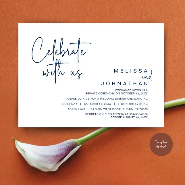 Feiern Sie mit uns, Post Wedding Elopement Party Einladung (Celebrate with us, Post Wedding Elopement Dinner Party Invitation Card, PDF, in Navy Blue)