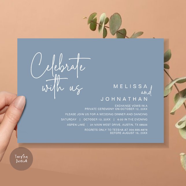 Feiern Sie mit uns, Post Wedding Elopement Party Einladung (Celebrate with us, Post Wedding Elopement Dinner Party Invitation Card, PDF, in Dusty Blue)