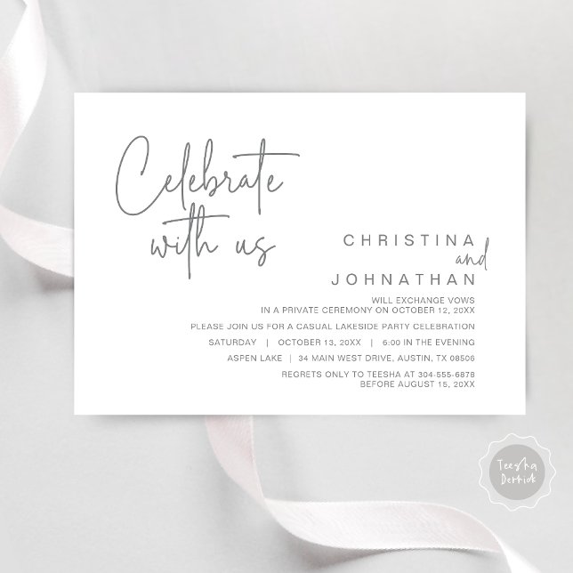 Feiern Sie mit uns, Post Wedding Elopement Party i Einladung (Celebrate with us, Modern Wedding Elopement Dinner Party Invitation Card, PDF, in Dark Grey)