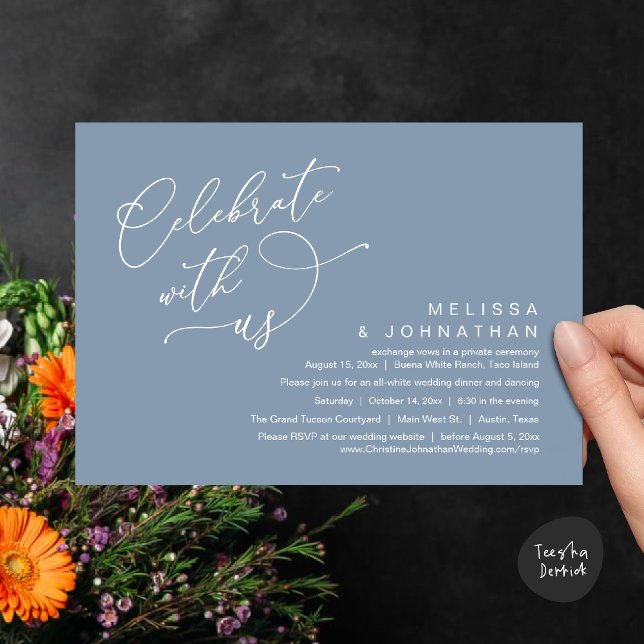 Feiern Sie mit uns, romantisches Hochzeitsessen Einladung (Celebrate With Us, Romantic Wedding Dinner Party Lunch Brunch Invitation Card PDF Dusty Blue)