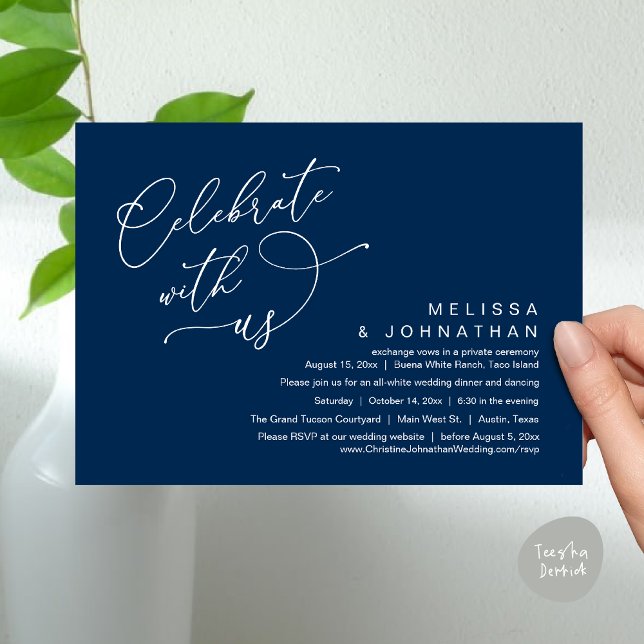 Feiern Sie mit uns, romantisches Hochzeitsessen Einladung (Celebrate With Us, Romantic Wedding Dinner Party Lunch Brunch Invitation Card PDF Classy Navy Blue)