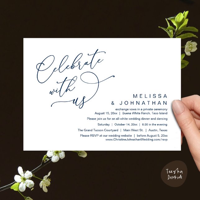 Feiern Sie mit uns, romantisches Hochzeitsessen Einladung (Celebrate With Us, Romantic Wedding Dinner Party Lunch Brunch Invitation Card PDF Classy Navy Blue)