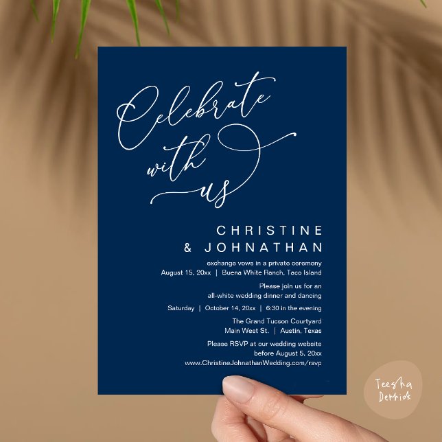Feiern Sie mit uns, Romantisches Hochzeitstanz Einladung (Celebrate With Us, Romantic Wedding Dinner Party Lunch Brunch Invitation Card PDF Classy Navy Blue)