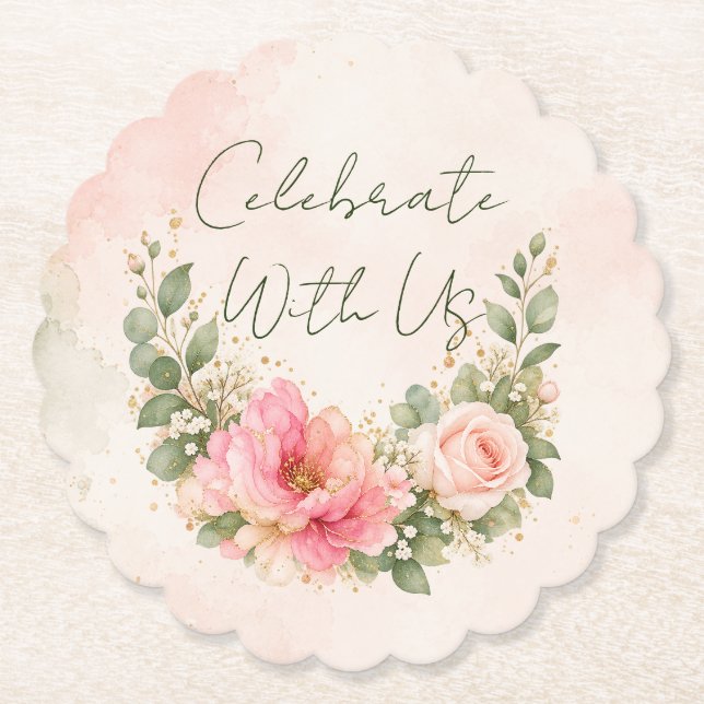 Feiern Sie mit uns Rosé Floral Papier Untersetzer (Vorderseite)