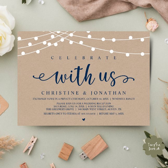 Feiern Sie mit uns Rustic Farm Wedding String Ligh Einladung (Celebrate with us Rustic Farm Wedding String Light Invitation Card, PDF, Navy Blue with little heart)