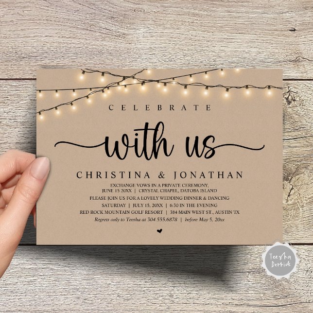 Feiern Sie mit uns, rustikale Hochzeitsfeier Einladung (Celebrate with us, Rustic Wedding Dinner Elopement Invitation Card, PDF, String Lights Brown Kraft)