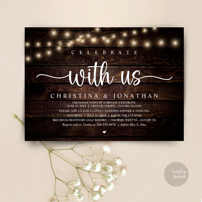 Feiern Sie mit uns, rustikale Hochzeitsfeier Einladung (Celebrate with us, Rustic Wedding Dinner Elopement Invitation card, pdf, in cottage dark wood)