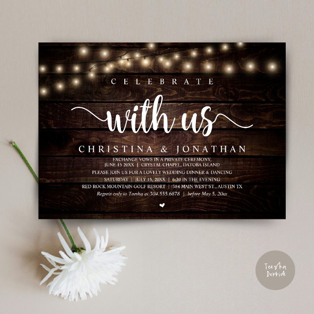 Feiern Sie mit uns, rustikale Hochzeitsfeier Einladung (Celebrate with us, Rustic Wedding Dinner Elopement Invitation card, pdf, in cottage dark wood)