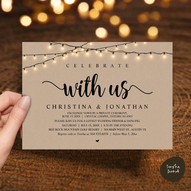 Feiern Sie mit uns, rustikale Hochzeitsfeier Einladung (Celebrate with us, Rustic Wedding Dinner Elopement Invitation Card, PDF, String Lights Brown Kraft)