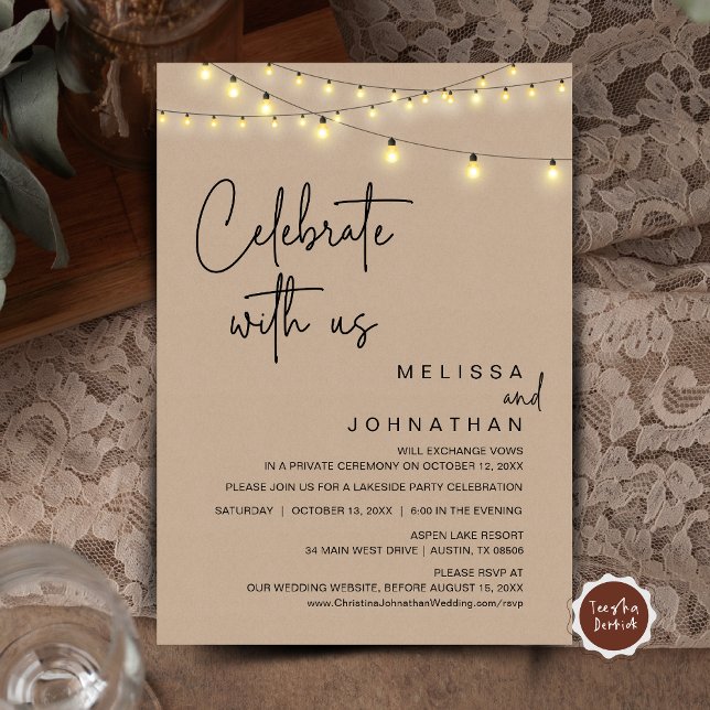Feiern Sie mit uns, Rustikales Hochzeitsfeier-Part Einladung (Celebrate With Us, Rustic Wedding Elopement Party Invitation Card, Cottage Brown Kraft String Lights)