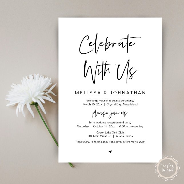 Feiern Sie mit uns, Schwarz, Hochzeit Einladung (Celebrate with us, modern wedding elopement dinner invitation card, pdf, in black and white)