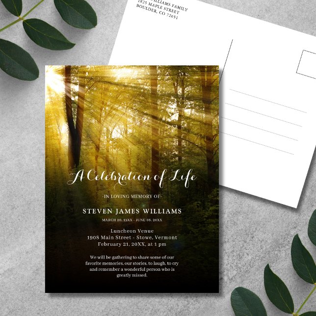 Feiern von Denkmälern Postkarte (Forest Celebration of Life Postcard)