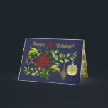 Feiern Weihnachten und Hanukkah Personalisiert<br><div class="desc">Diese wunderschön gestaltete Ferienkarte mit einem originellen digitalen Bild eines anmutigen Bouquets aus roten Fuji Mums, weißen Daisies und einem vielfältigen Wanderjüd, das mit Retro-Stilmöbeln und einem goldenen Stern von David geschmückt ist, bietet Weihnachten und Hanukkah auf einem reichen marineblauen Hintergrund. Im Inneren befindet sich ein malerischer Hintergrund mit goldener...</div>