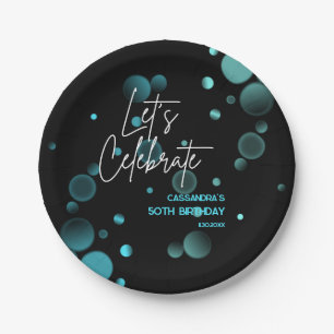 Feiern wir Blue Bokeh Gradient Black Birthday Pappteller