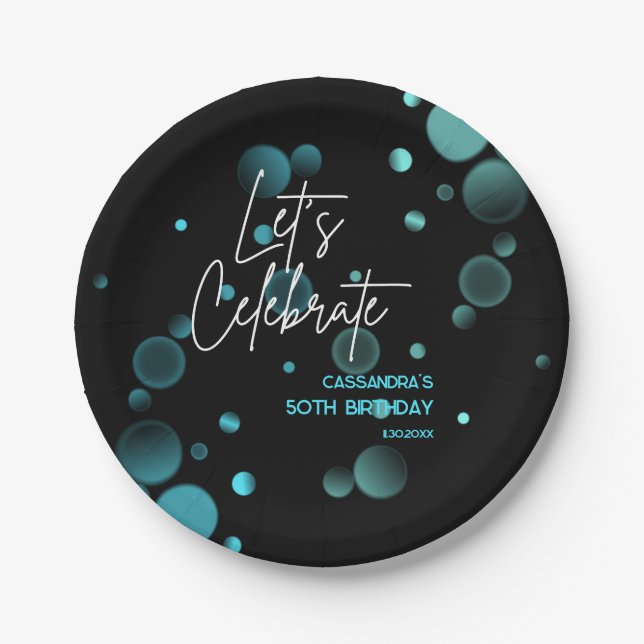 Feiern wir Blue Bokeh Gradient Black Birthday Pappteller (Vorderseite)