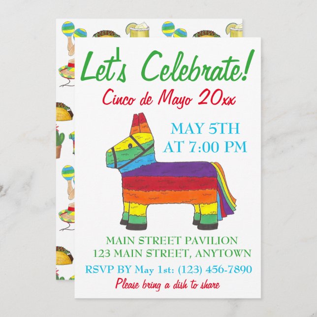 Feiern wir Cinco de Mayo Fiesta Taco Piñata Einladung (Vorne/Hinten)