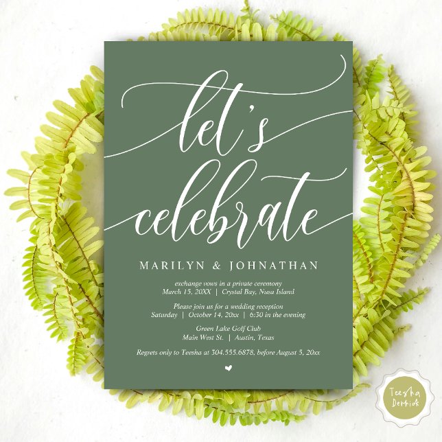 Feiern wir das Hochzeitsfeier-Elopement-Party, Nav Einladung (Let's Celebrate Wedding Elopement Dinner Lunch Brunch Party Invitation Card, PDF, in Forest Sage)