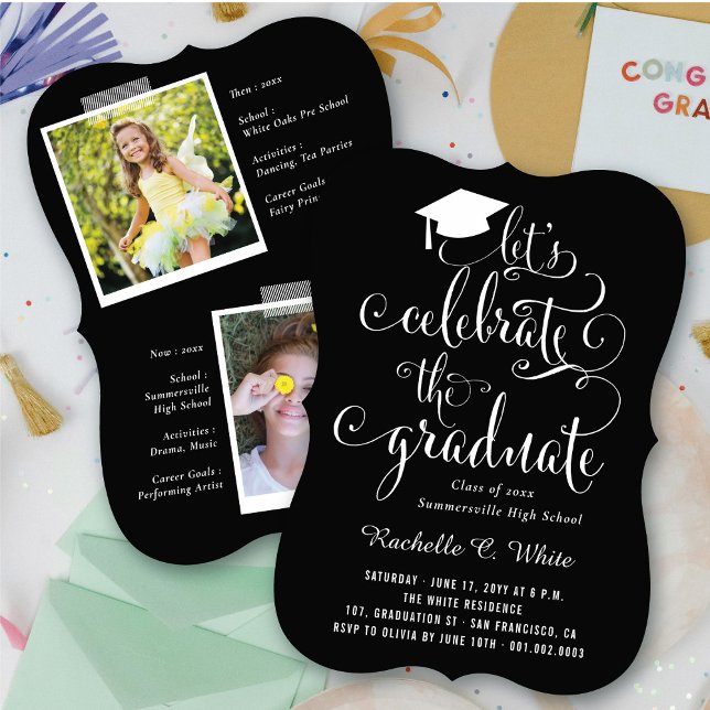 Feiern wir das Schwarz-Weiß-Party Einladung (Let's Celebrate The Graduate Black & White Party Invitation | fatfatin @ zazzle.com/color_therapy)