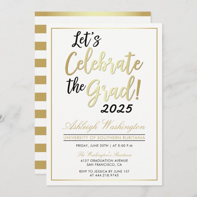 Feiern wir den Grad! | Gold White Abschluss Einladung (Vorne/Hinten)