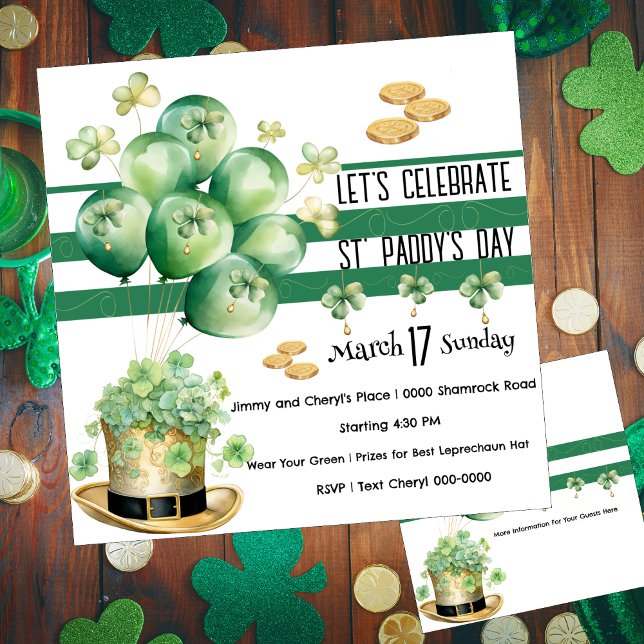 Feiern wir den St. Paddy's Day Einladung (Cute leprechaun Irish top hat in gold with party balloons covered in shamrocks customizable invites)