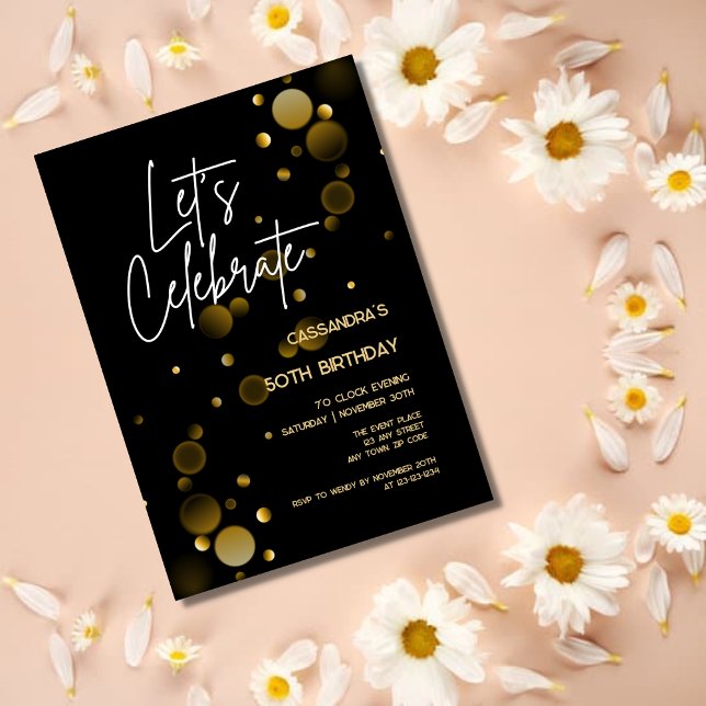 Feiern wir Gold Bokeh Gradient Black Birthday Einladung (Von Creator hochgeladen)