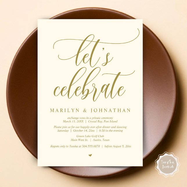 Feiern wir Hochzeitstag Abendessen Tanz Einladung (Let's Celebrate Wedding Elopement Dinner Party Lunch BrunchDancing Invitation Card PDF, Yellow Gold)