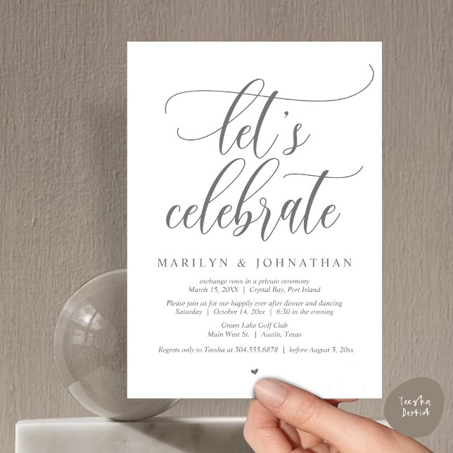 Feiern wir Hochzeitstag Abendessen Tanz Einladung (Let's Celebrate Wedding Elopement Dinner Party Lunch BrunchDancing Invitation Card PDF, Dark grey)